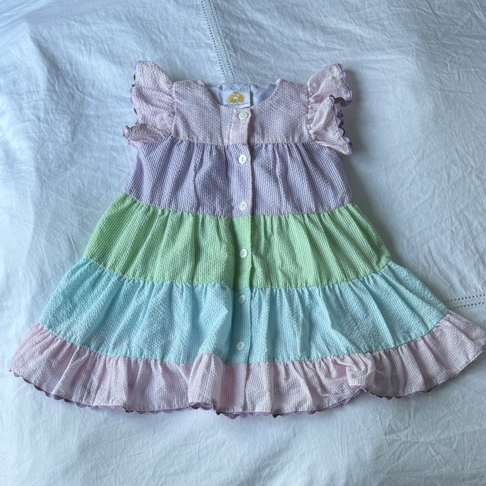 Tiered Pastel Button-Front Girls' Dress - Pink, Green & Blue